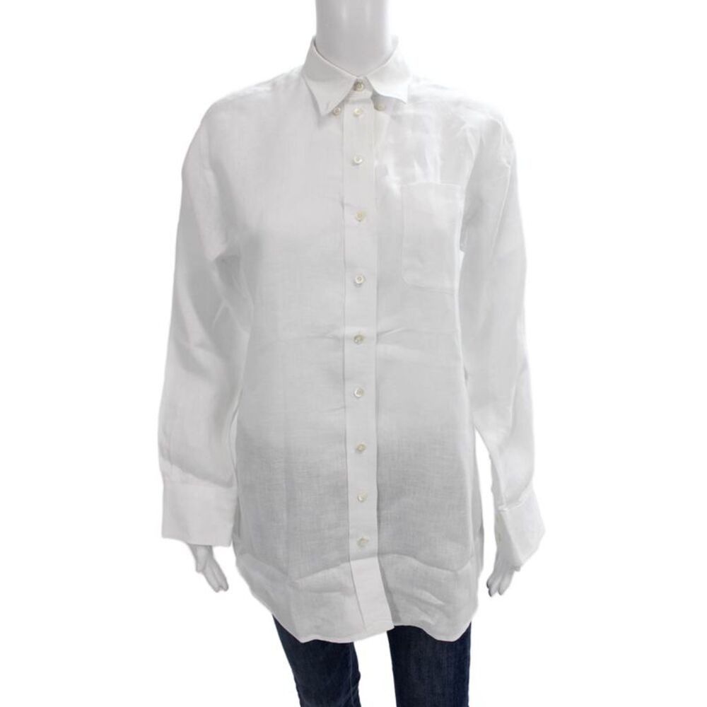 Claridge + King Women Tunic Button-Up Linen Collared Long Sleeve White Size S